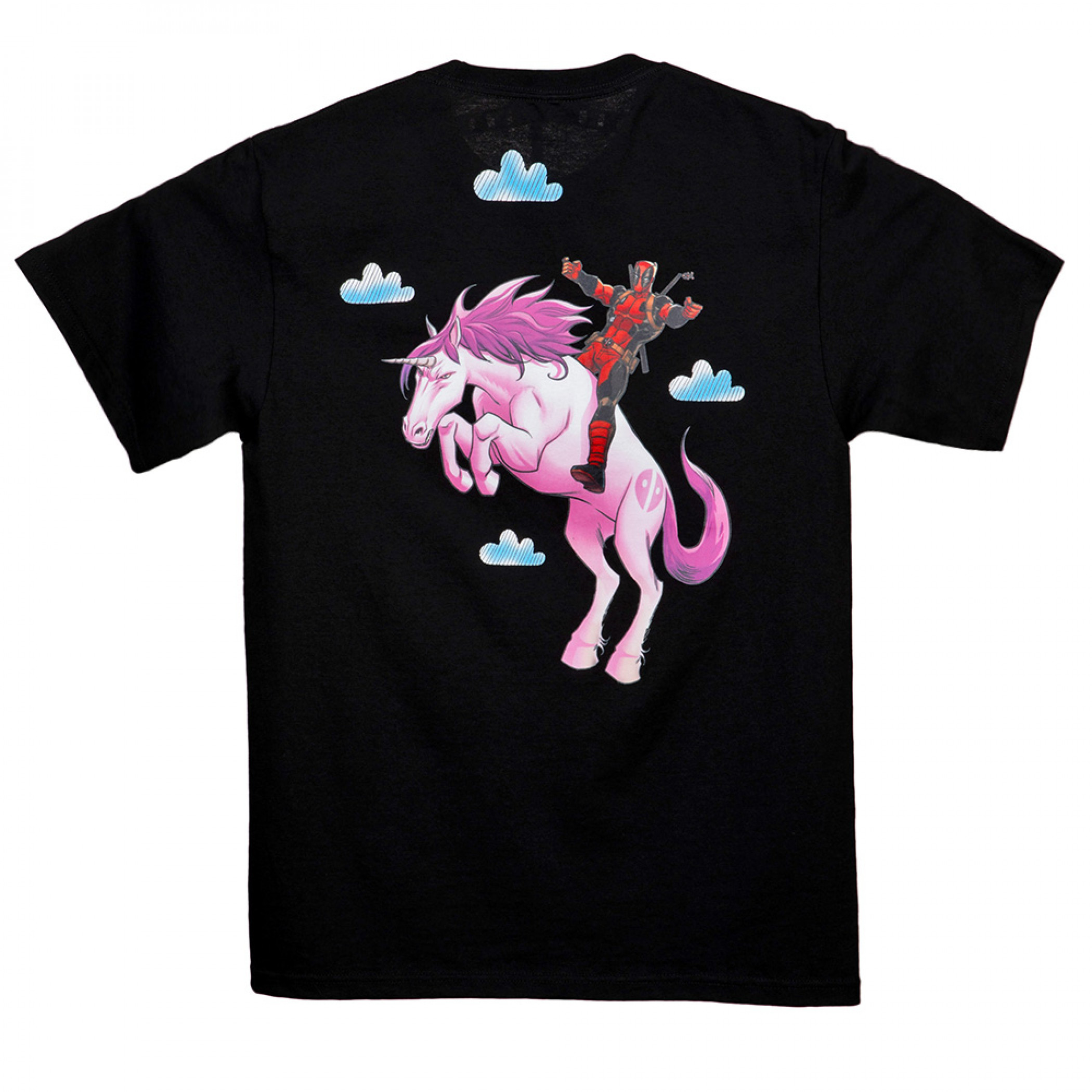 Deadpool Flying High on a Unicorn Front and Back T-Shirt